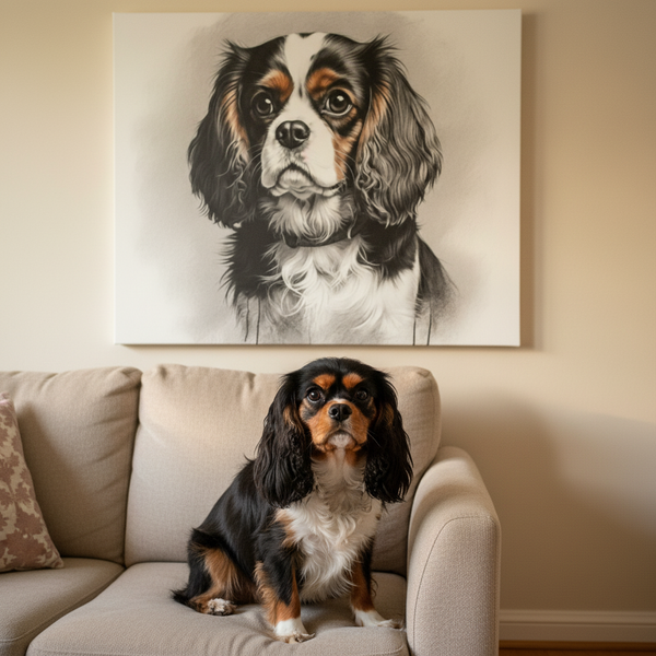 Cavalier King Charles Spaniel Charcoal Portrait Canvas Wall Art | Dog Lover Gift | Pet Memorial Decor — Lifestyle View