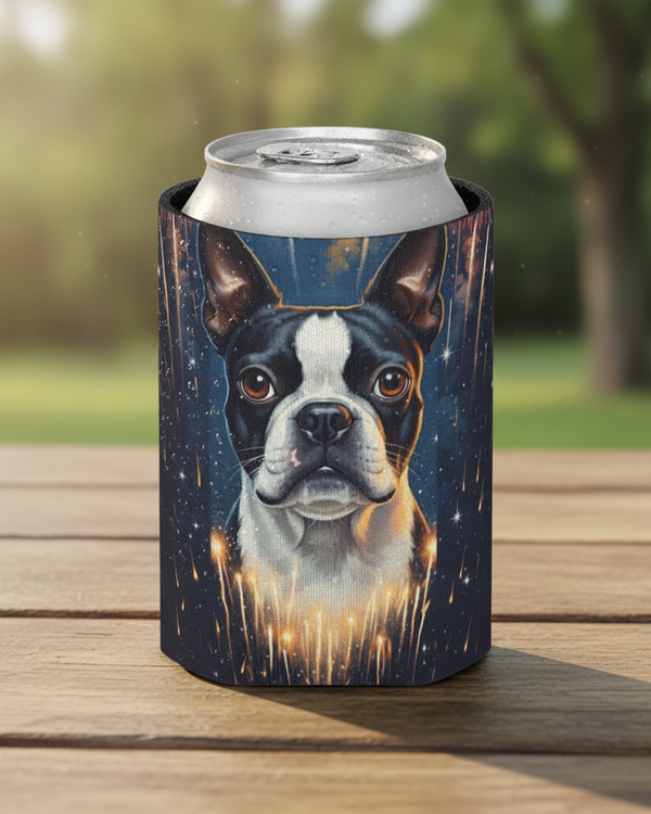 Boston Terrier Can Cooler, America 250 Patriotic Dog Pattern, American Flag Pet Art, Independence Day Drink Holder, Dog Lover Gift, Summer P