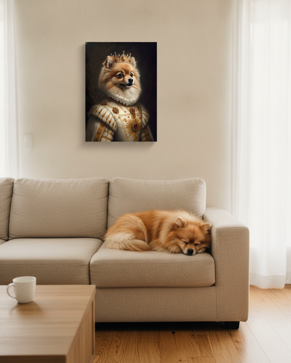 Pomeranian Renaissance Royal Portrait Canvas Wall Art, Regal Dog Painting, Pomeranian Lover Gift, Stretched Canvas — Lifestyle View