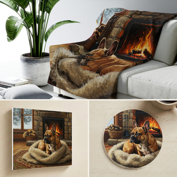 French Bulldog By the Fire gift set: canvas, sherpa blanket and coaster in one painting