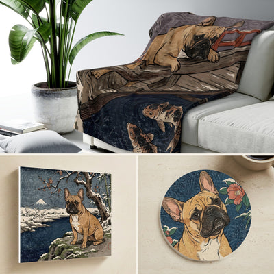 French Bulldog Japanese Print Gift Set | Canvas, Sherpa Blanket & Coaster | Tritan