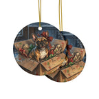 French Bulldog Christmas Storybook ceramic ornament by Tritan, front and back
