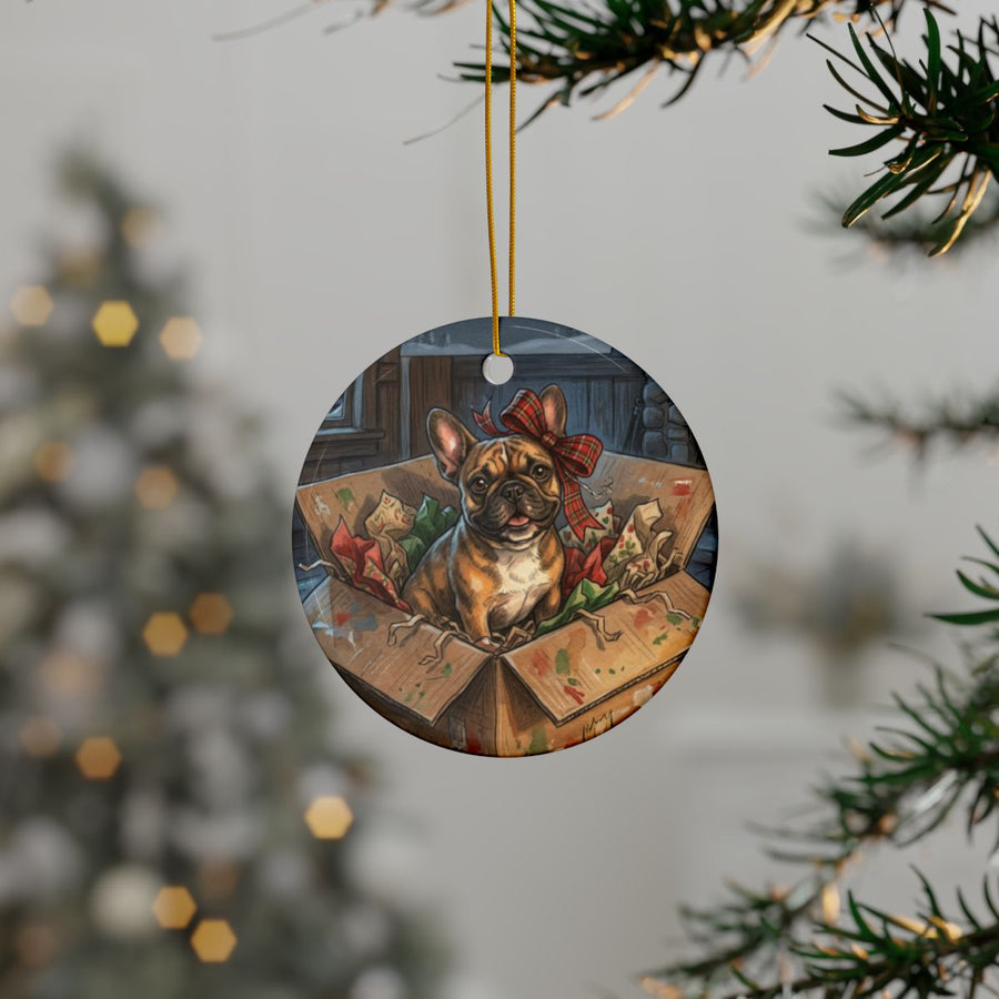 French Bulldog Christmas Storybook ceramic ornament by Tritan, context