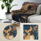 French Bulldog Japanese Print cozy gift set: sherpa fleece blanket, cork-back coaster, and vinyl sticker