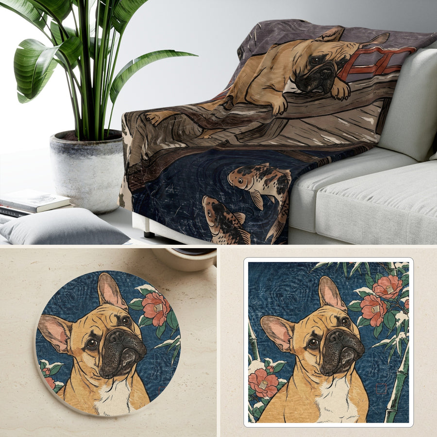 French Bulldog Japanese Print cozy gift set: sherpa fleece blanket, cork-back coaster, and vinyl sticker