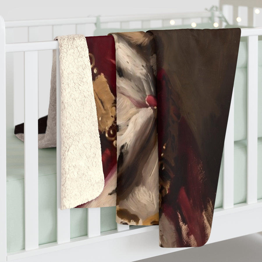 French Bulldog Kings & Queens sherpa blanket by Tritan, on bed
