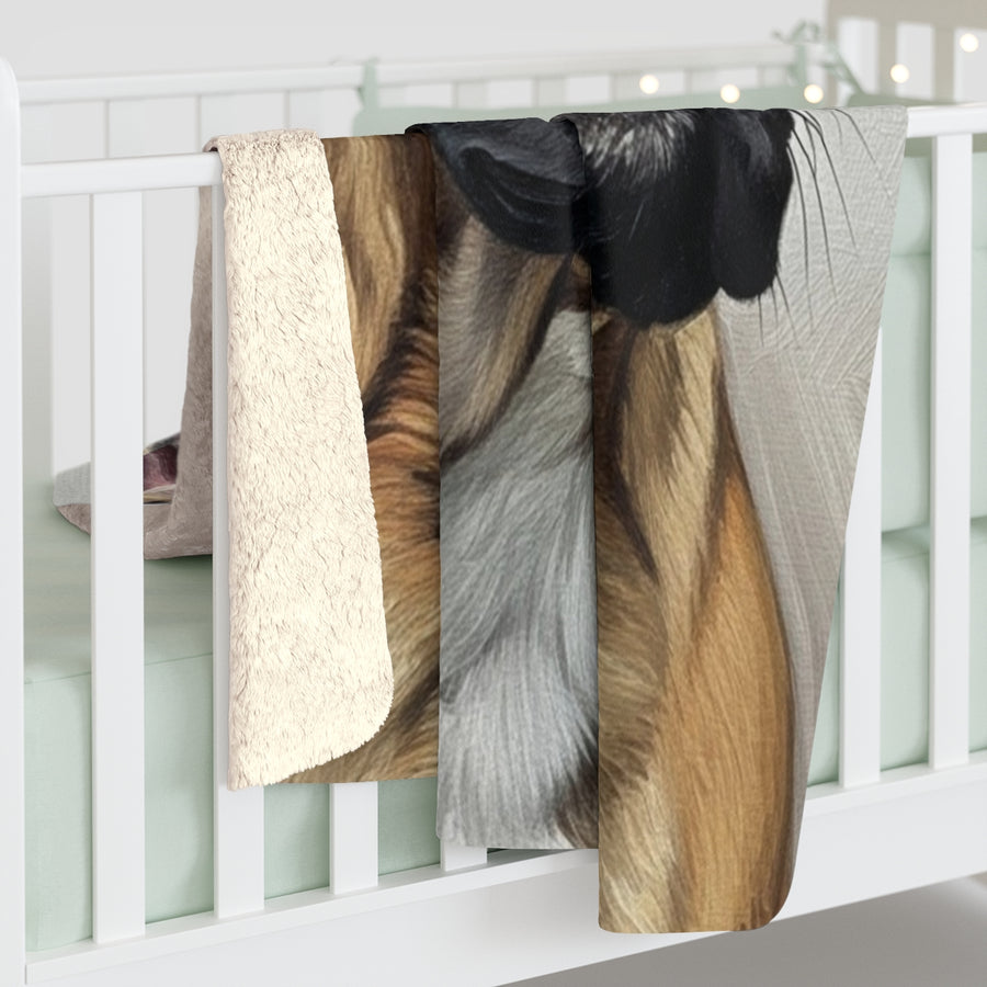French Bulldog Oil Portrait sherpa blanket by Tritan, on bed
