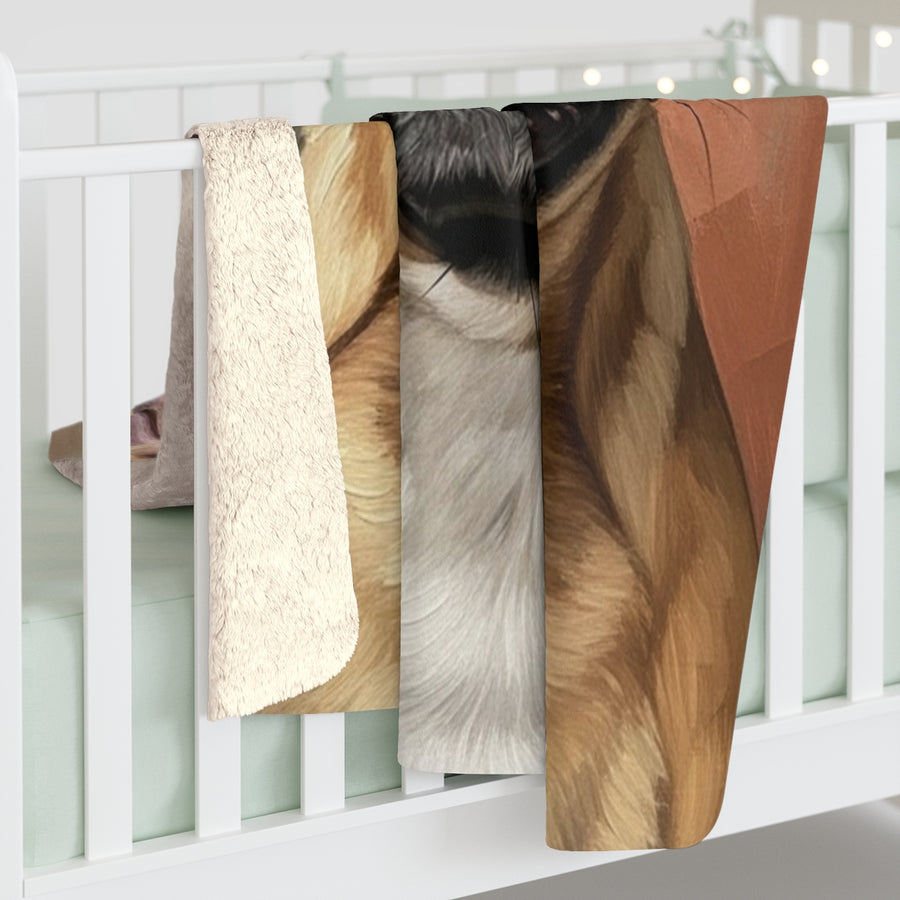 French Bulldog Oil Portrait sherpa blanket by Tritan, on bed