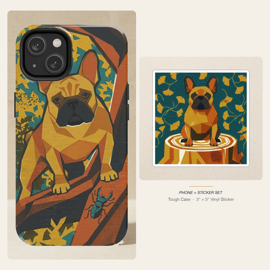 French Bulldog Retro Autumn phone and sticker gift set: dual-layer iPhone 15 Pro tough case and 3x3 vinyl sticker