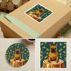 French Bulldog Retro Autumn stocking stuffer gift set: round cork-back coaster and two 3x3 vinyl stickers