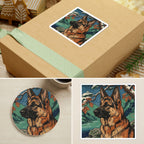 German Shepherd Japanese Print stocking stuffer gift set: round cork-back coaster and two 3x3 vinyl stickers