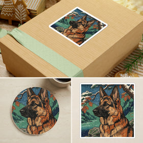 German Shepherd Japanese Print Stocking Stuffer Gift Set | Coaster & 2 Stickers | Tritan