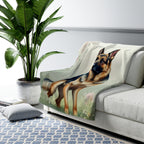 German Shepherd Watercolor sherpa blanket by Tritan, on sofa