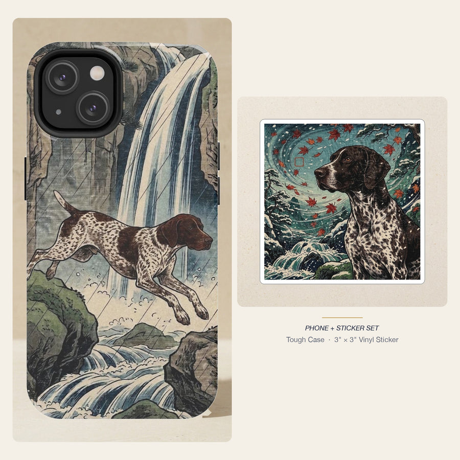 German Shorthaired Pointer Japanese Print phone and sticker gift set: dual-layer iPhone 15 Pro tough case and 3x3 vinyl sticker