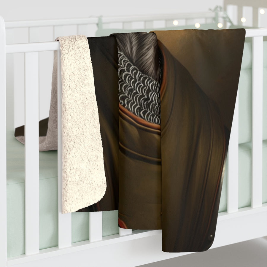 German Shorthaired Pointer Medieval Knight sherpa blanket by Tritan, on bed