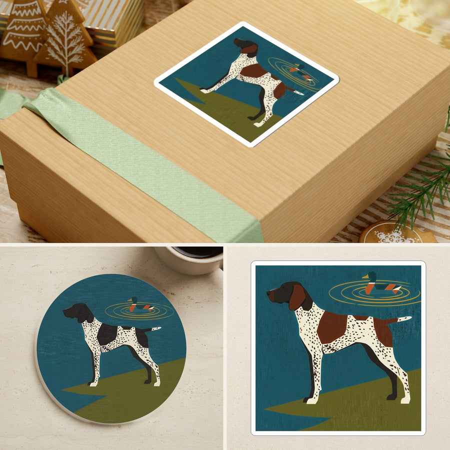 German Shorthaired Pointer Retro Autumn stocking stuffer gift set: round cork-back coaster and two 3x3 vinyl stickers