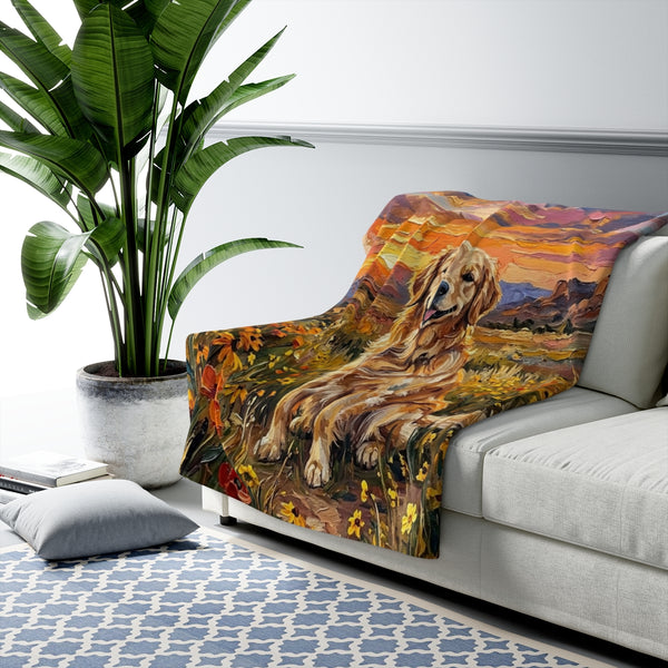 Golden Retriever Acrylic Gallery Print Sunset Prairie Throw Blanket | Premium Dog Prints | Tritan — Lifestyle View