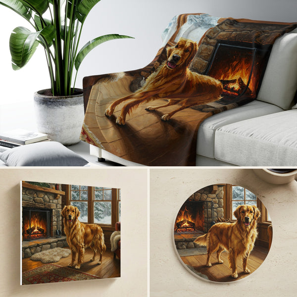 Golden Retriever By the Fire gift set: canvas, sherpa blanket and coaster in one painting