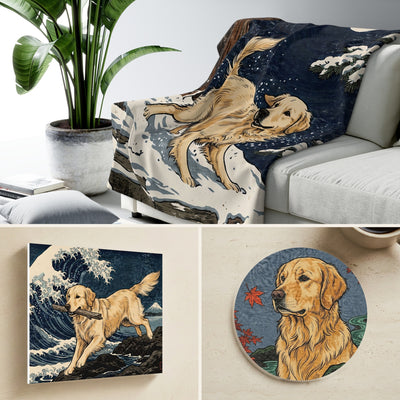 Golden Retriever Japanese Print Gift Set | Canvas, Sherpa Blanket & Coaster | Tritan