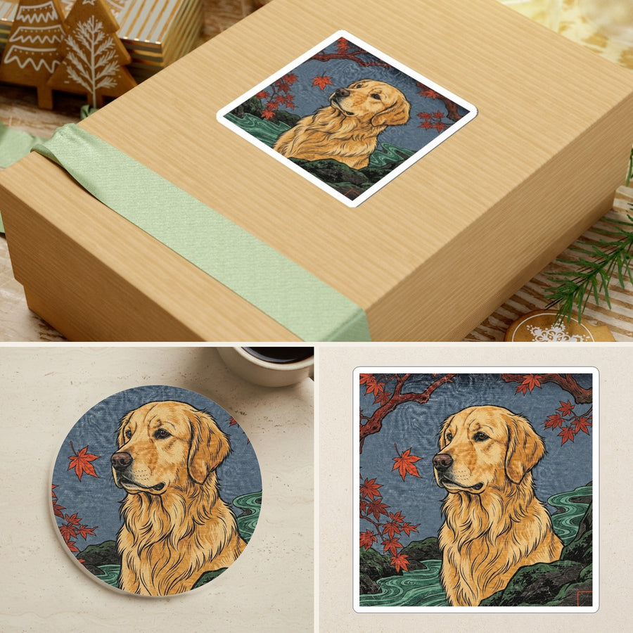 Golden Retriever Japanese Print stocking stuffer gift set: round cork-back coaster and two 3x3 vinyl stickers