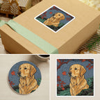 Golden Retriever Japanese Print stocking stuffer gift set: round cork-back coaster and two 3x3 vinyl stickers
