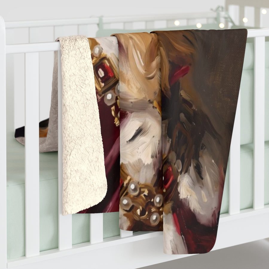 Golden Retriever Kings & Queens sherpa blanket by Tritan, on bed