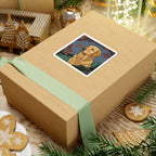 Golden Retriever Japanese Print stocking stuffer gift set: round cork-back coaster and two 3x3 vinyl stickers