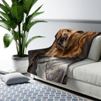Golden Retriever Medieval Knight sherpa blanket by Tritan, on sofa