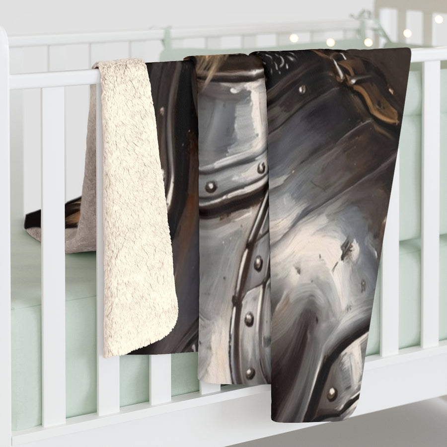 Golden Retriever Medieval Knight sherpa blanket by Tritan, on bed