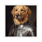 Golden Retriever Medieval Knight vinyl sticker by Tritan, front