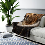 Golden Retriever Renaissance Royal sherpa blanket by Tritan, on sofa