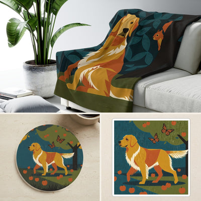 Golden Retriever Retro Autumn Cozy Gift Set | Sherpa Blanket, Coaster & Sticker | Tritan