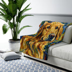 Golden Retriever Post-Impressionist sherpa blanket by Tritan, on sofa
