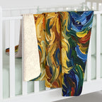 Golden Retriever Post-Impressionist sherpa blanket by Tritan, on bed