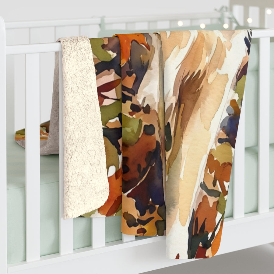 Golden Retriever Watercolor sherpa blanket by Tritan, on bed