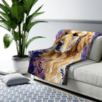 Golden Retriever Watercolor sherpa blanket by Tritan, on sofa
