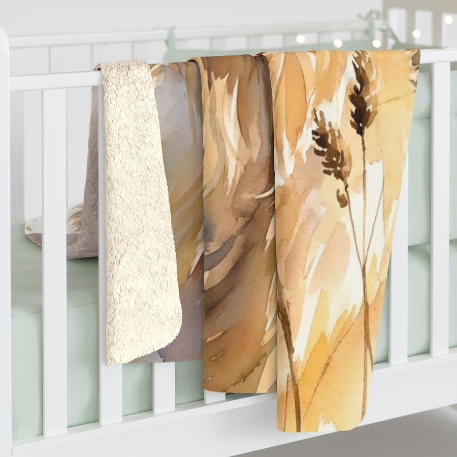 Golden Retriever Watercolor sherpa blanket by Tritan, on bed