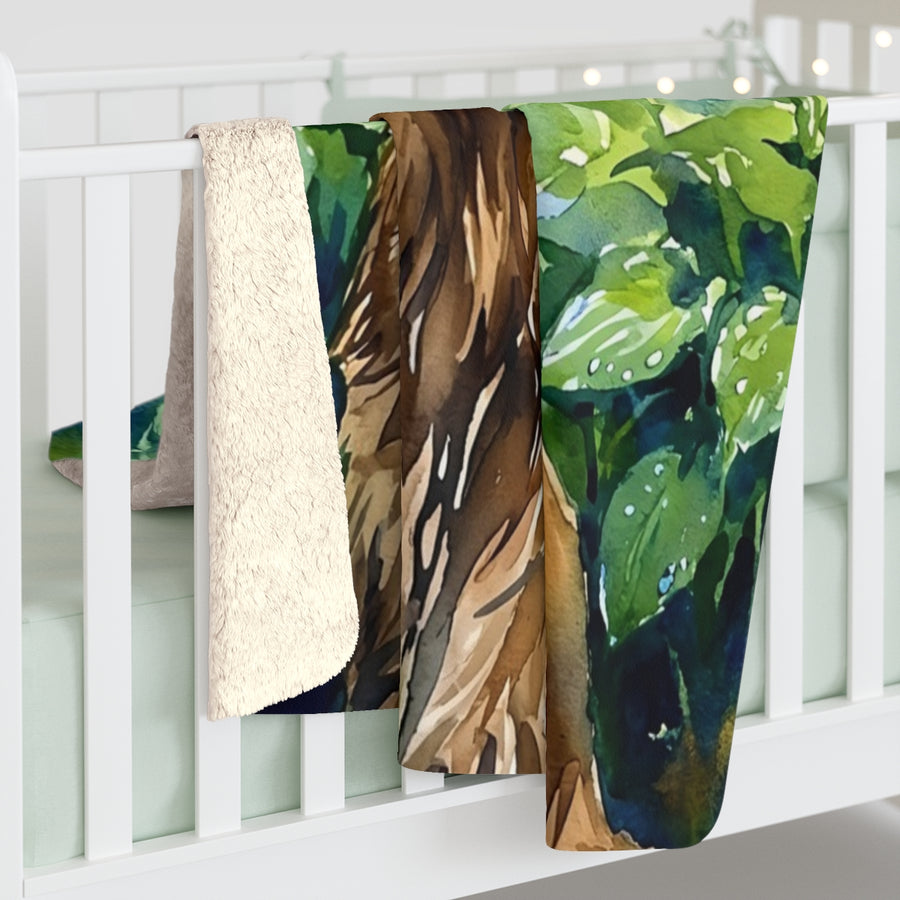 Golden Retriever Watercolor sherpa blanket by Tritan, on bed