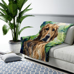 Golden Retriever Watercolor sherpa blanket by Tritan, on sofa