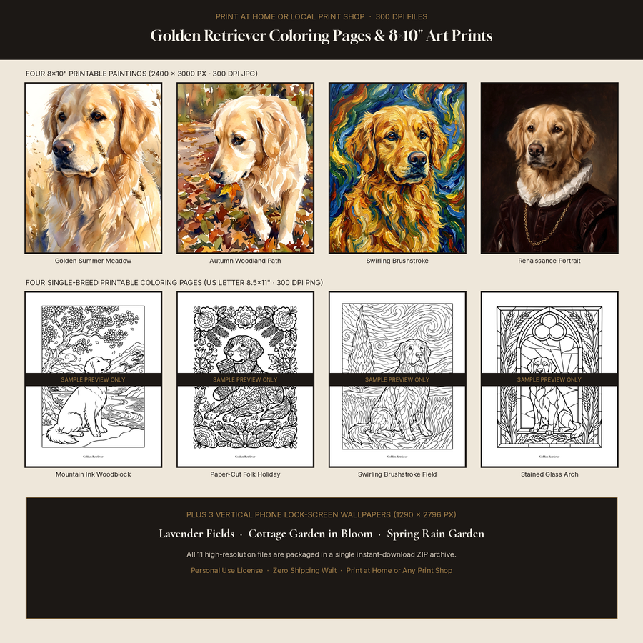 Close-up of the four 8x10 300 DPI Golden Retriever paintings and four printable black-and-white coloring pages included in the vault