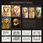 Golden Retriever Digital Art and Printable Coloring Vault overview showing 8x10 wall prints, phone wallpapers, and coloring pages