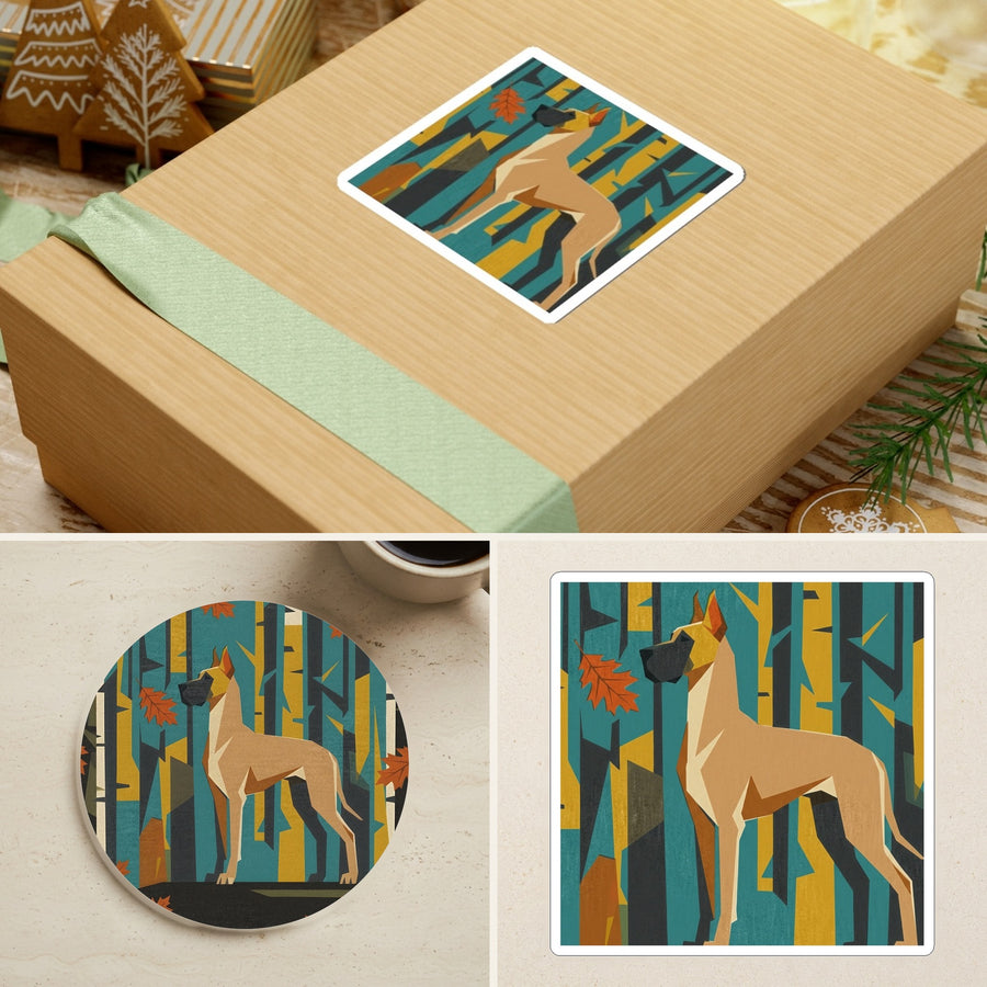 Great Dane Retro Autumn stocking stuffer gift set: round cork-back coaster and two 3x3 vinyl stickers