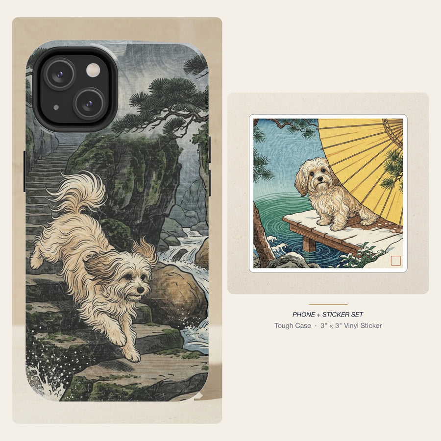 Havanese Japanese Print phone and sticker gift set: dual-layer iPhone 15 Pro tough case and 3x3 vinyl sticker