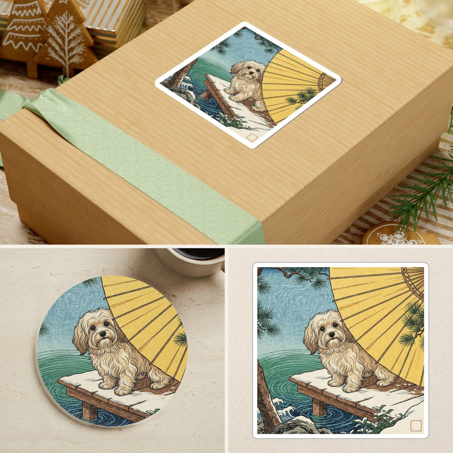 Havanese Japanese Print stocking stuffer gift set: round cork-back coaster and two 3x3 vinyl stickers