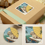 Havanese Japanese Print stocking stuffer gift set: round cork-back coaster and two 3x3 vinyl stickers