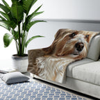 Havanese Oil Portrait sherpa blanket by Tritan, on sofa
