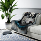 Siberian Husky Medieval Knight sherpa blanket by Tritan, on sofa
