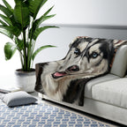 Siberian Husky Oil Portrait sherpa blanket by Tritan, on sofa