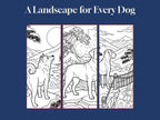 Three narrow panels from the book: a Shiba on a mountain path, a Labrador under a great wave, a Great Dane at a rope bridge