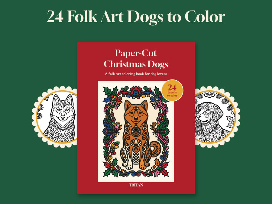 Paper-Cut Christmas Dogs coloring book cover between two round paper-cut details